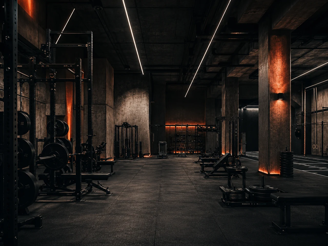 Interno della sala pesi FORGE Training Club, rack e attrezzature