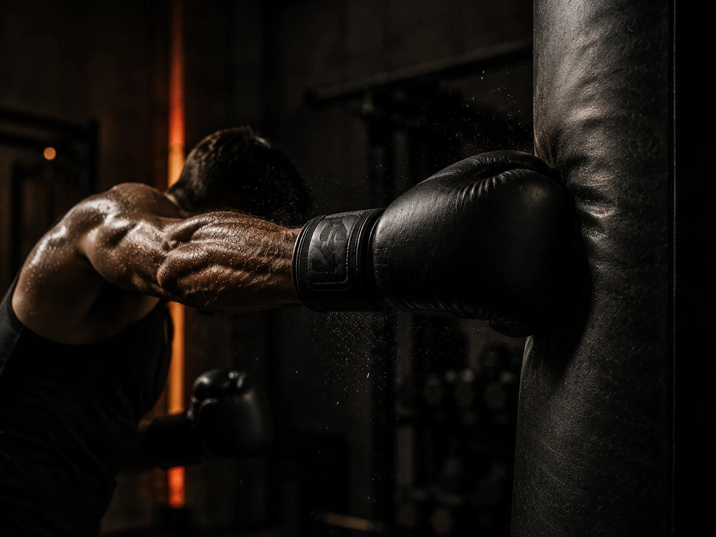 Colpo su sacco da boxe con guantoni